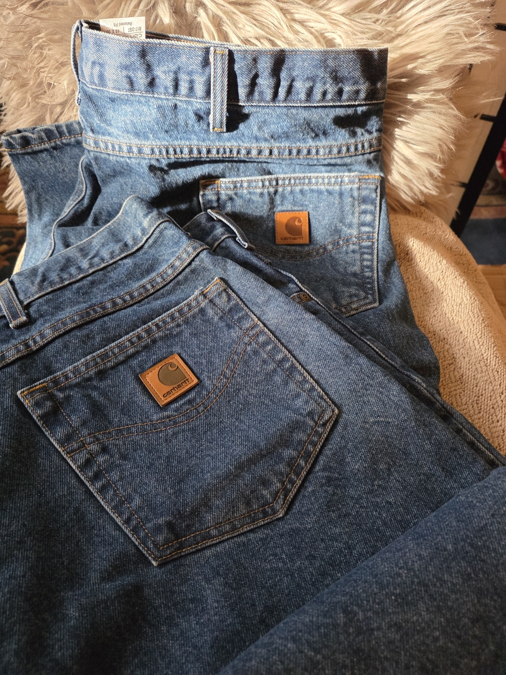 Carhartt Women's Dark Blue Straight Leg Jeans with Brown Logo Patch